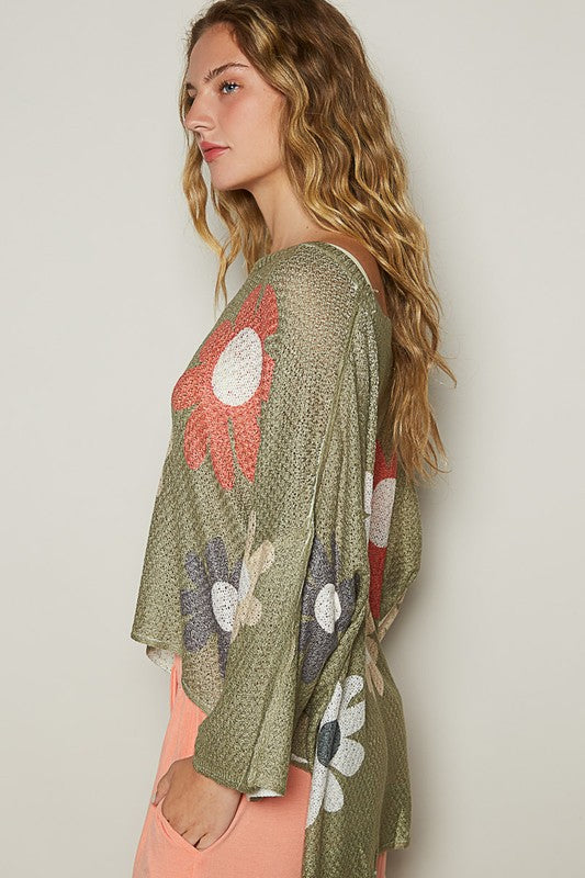 POL Olive Flower Dropped Shoulder Long Sleeve Knit Top Shirts & Tops