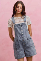 SO ME Denim Washed On Front With Adjustable Strap Romper LT DENIM