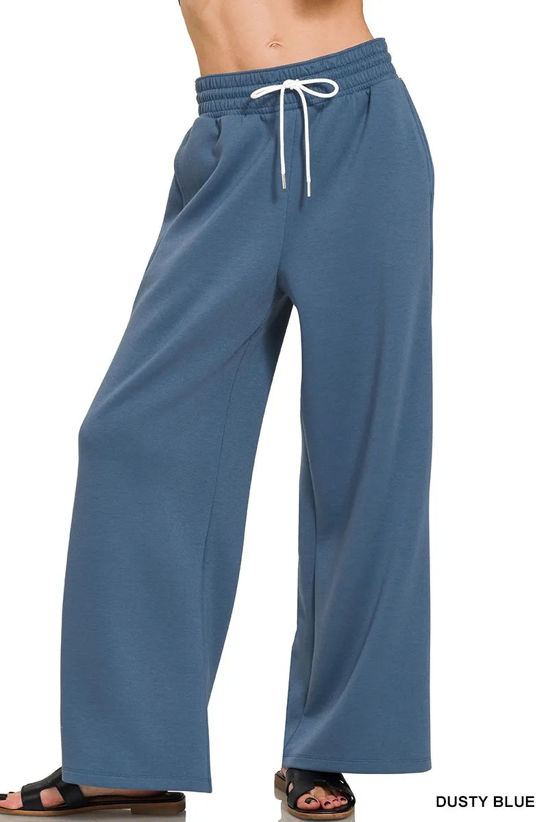 Zenana Dusty Blue Scuba Drawstring Wide Leg Pants DUSTY BLUE