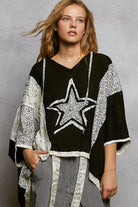 POL Floral Star Patch Hooded Blouse with Lace Contrast Detail in Black Black