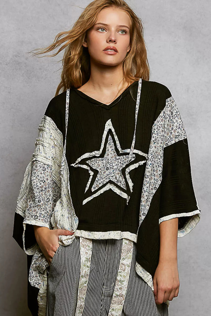 POL Floral Star Patch Hooded Blouse with Lace Contrast Detail in Black Black