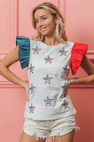 BiBi American Flag Sequin Stars Ruffled Sleeve Top