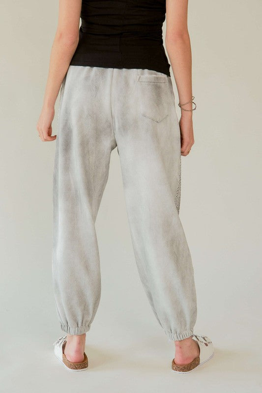 Davi & Dani Light Gray Rhinestone Elastic Waist Joggers Pants