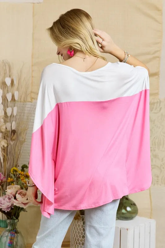 ADORA Candy Pink Colorblock Poncho Style Tunic Top