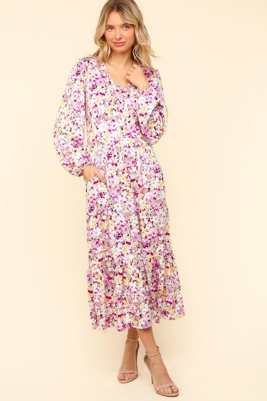 Haptics Liliac Floral V-Neck Long Sleeve Dress with Side Pockets Dresses