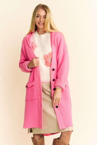 Davi & Dani Pink Side Slit Button Up Hooded Cardigan Pink Trendsi