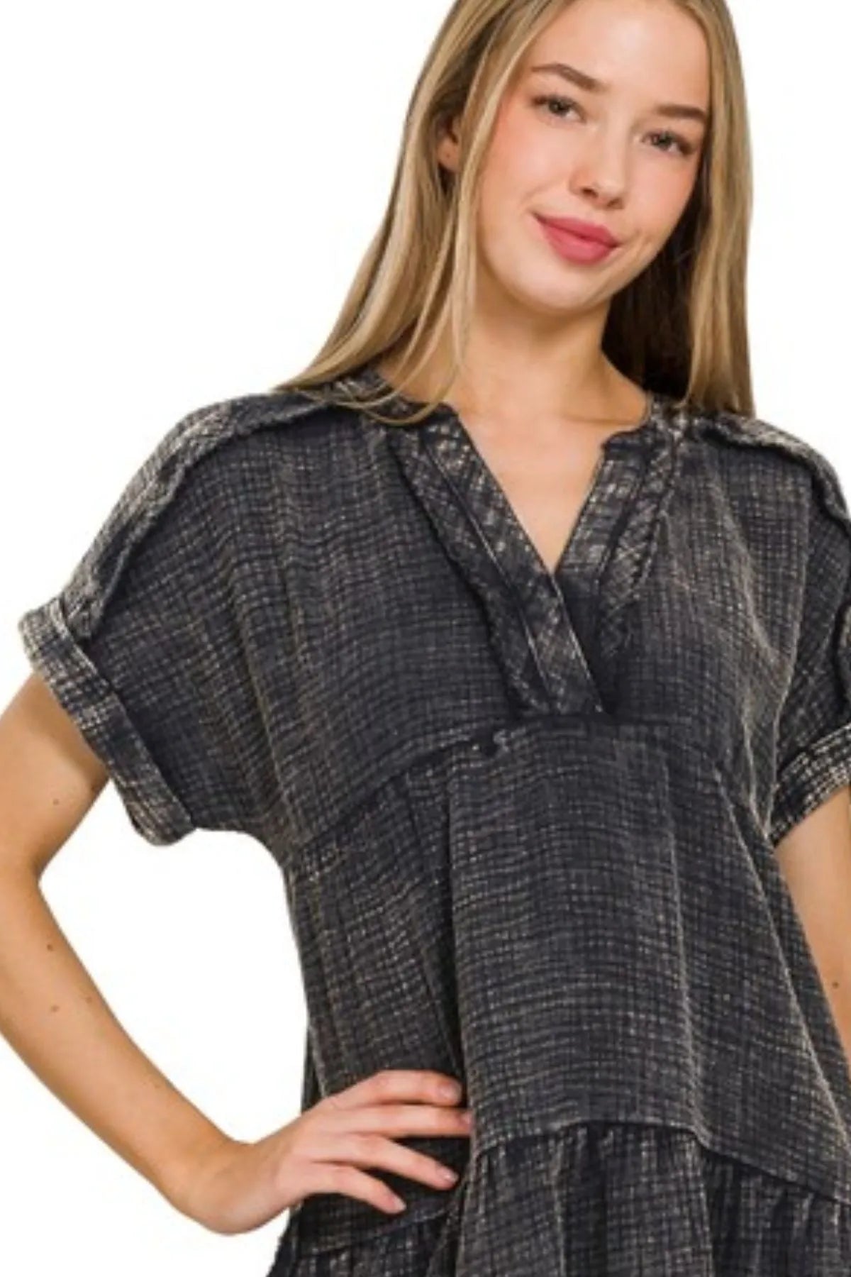 Zenana Ash Black Washed Double Gauze Raw Edge V-neck Dress