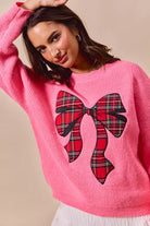 SO ME Pink Checker Plaid Ribbon Christmas Holiday Sweater