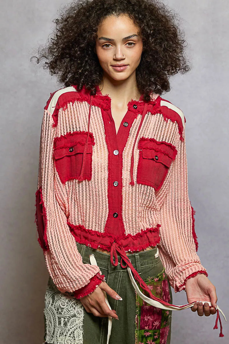 POL Blush Red Texture Woven Button Down Hooded Shirt with Drawstring Hem