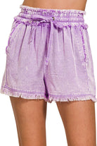 Zenana Bright Mauve Mineral Frayed Hem Washed Shorts B LAVENDER