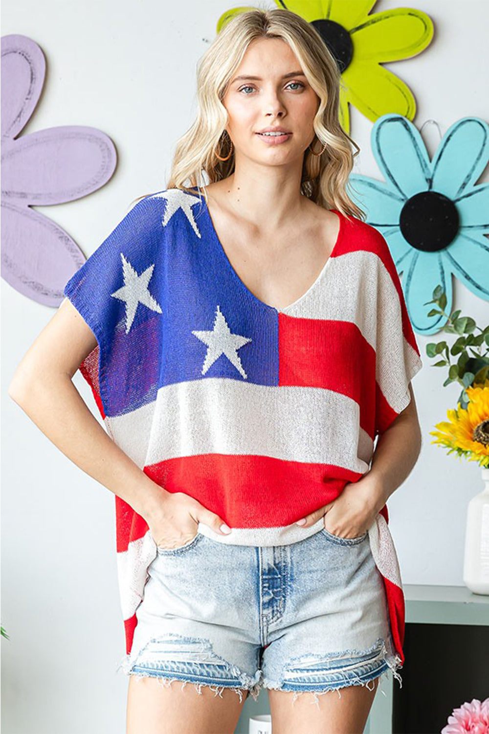 First Love USA Flag Drop Shoulder Knit Top Trendsi