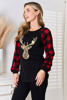 Heimish Sequin Reindeer Graphic Plaid Top Trendsi