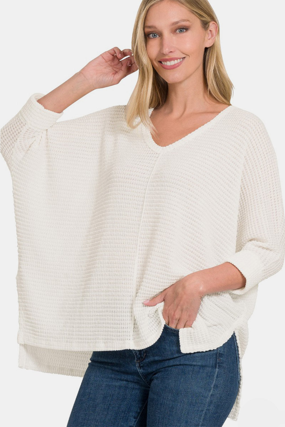 Zenana Full Size Round Neck High-Low Slit Knit Top Off White Trendsi