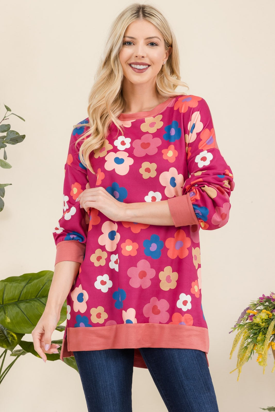 Celeste Fuchsia Floral Side Slit Flower Print Long Sleeve Top Shirts & Tops