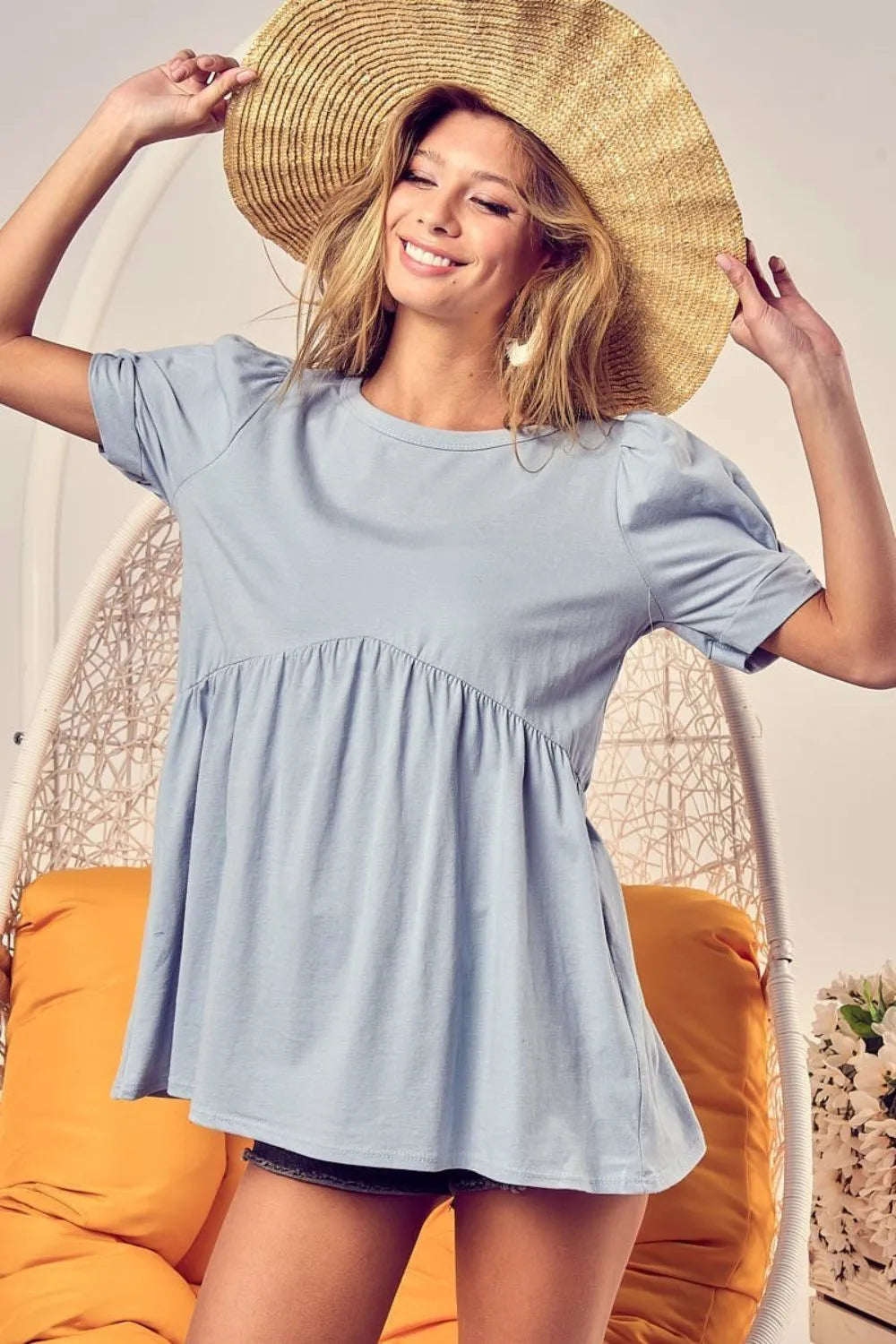 BiBi Light Blue Cotton Span Knit with Puff Sleeve Baby Doll Top LT BLUE