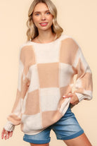 Haptics Apricot Checkered Round Neck Drop Shoulder Sweater Apricot Shirts & Tops