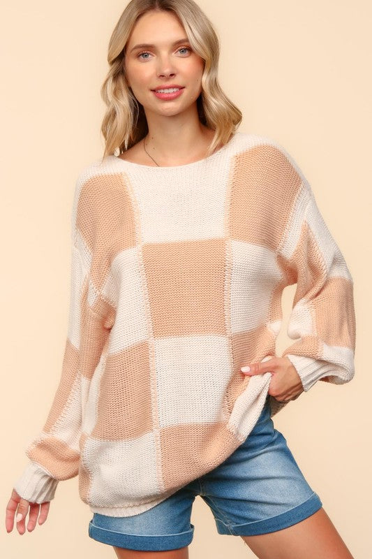 Haptics Apricot Checkered Round Neck Drop Shoulder Sweater Apricot Shirts & Tops