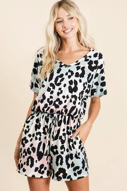 BiBi Gradation Leopard Soft Knit V-neck Romper LT.BLUE TAUPE