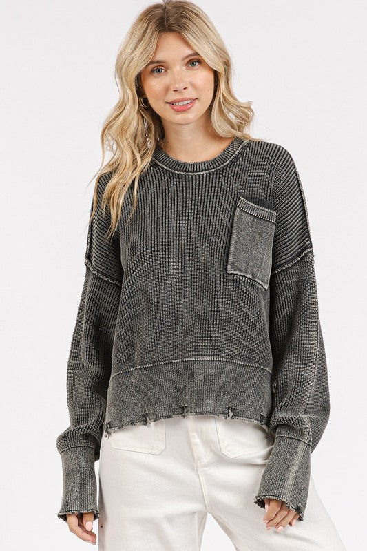 Mittoshop Dark Gray Washed Distressed Hem Sweater Dark Gray Shirts & Tops