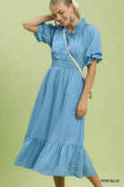 Umgee Peri Blue Ruffle V-Neck Midi Dress