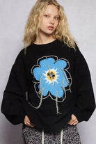 POL Floral Pattern Round Neck Sweater with Exposed Stitching
