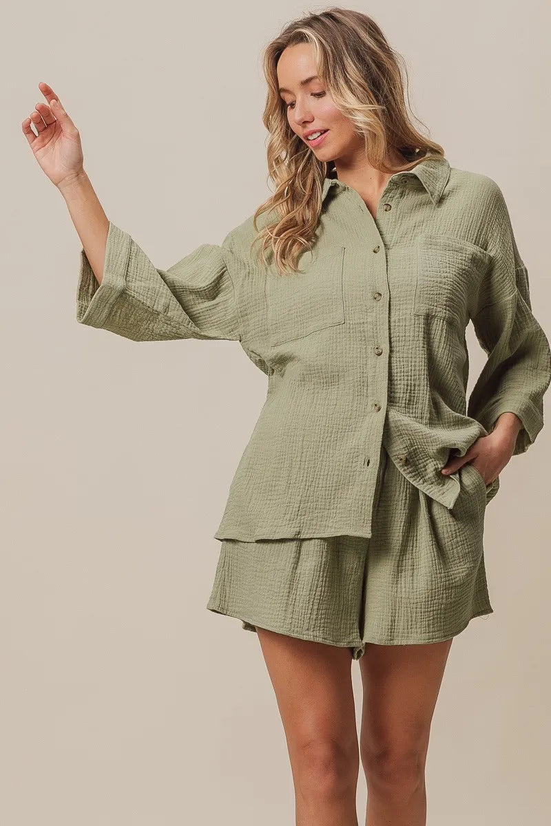 BiBi Sage Crinkle Gauze Shirt and Short Set