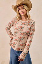 BiBi Taupe Floral Print Washed Waffle Thermal Top with Thumb