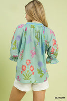 Umgee Sea Foam Floral Split Neck Puff Sleeve Blouse