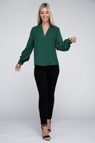 Zenana Woven Airflow V-Neck Long Sleeve Top ZENANA