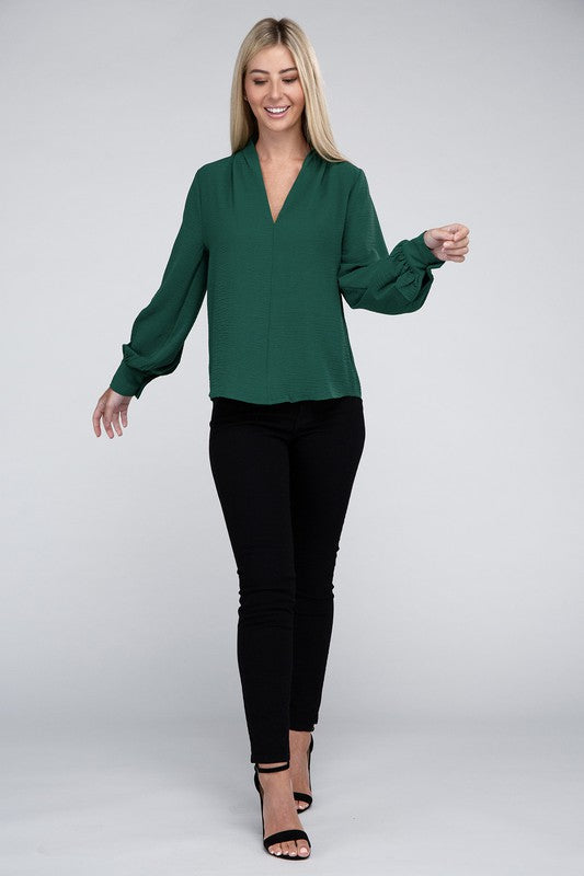 Zenana Woven Airflow V-Neck Long Sleeve Top Shirts & Tops