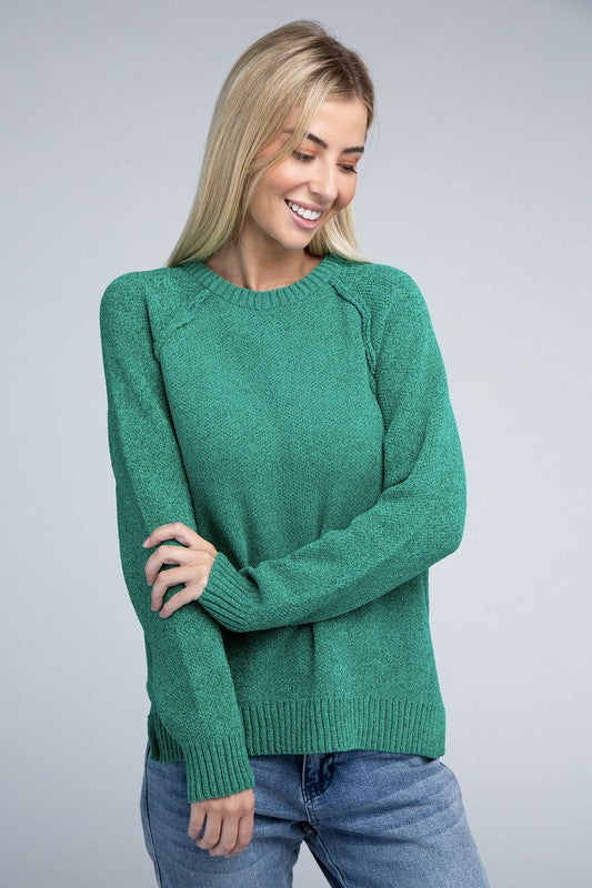 Zenana Raglan Chenille Long Sleeve Sweater K GREEN S ZENANA