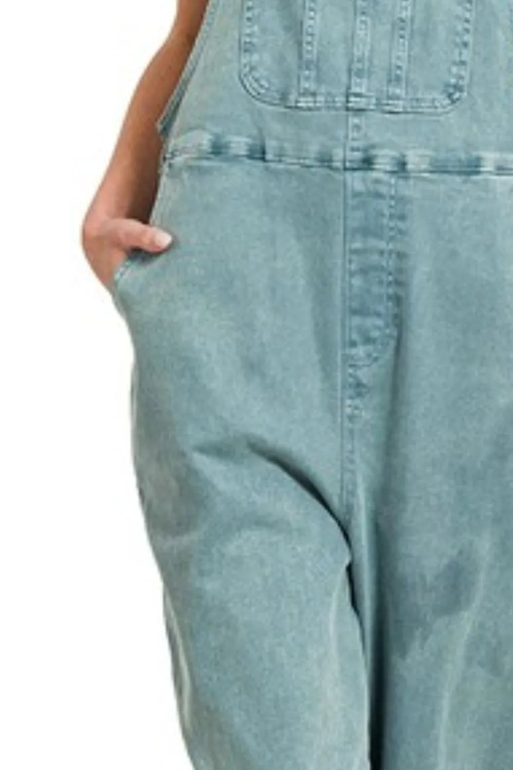 Zenana Teal Washed Knot Strap Relaxed Fit Overalls