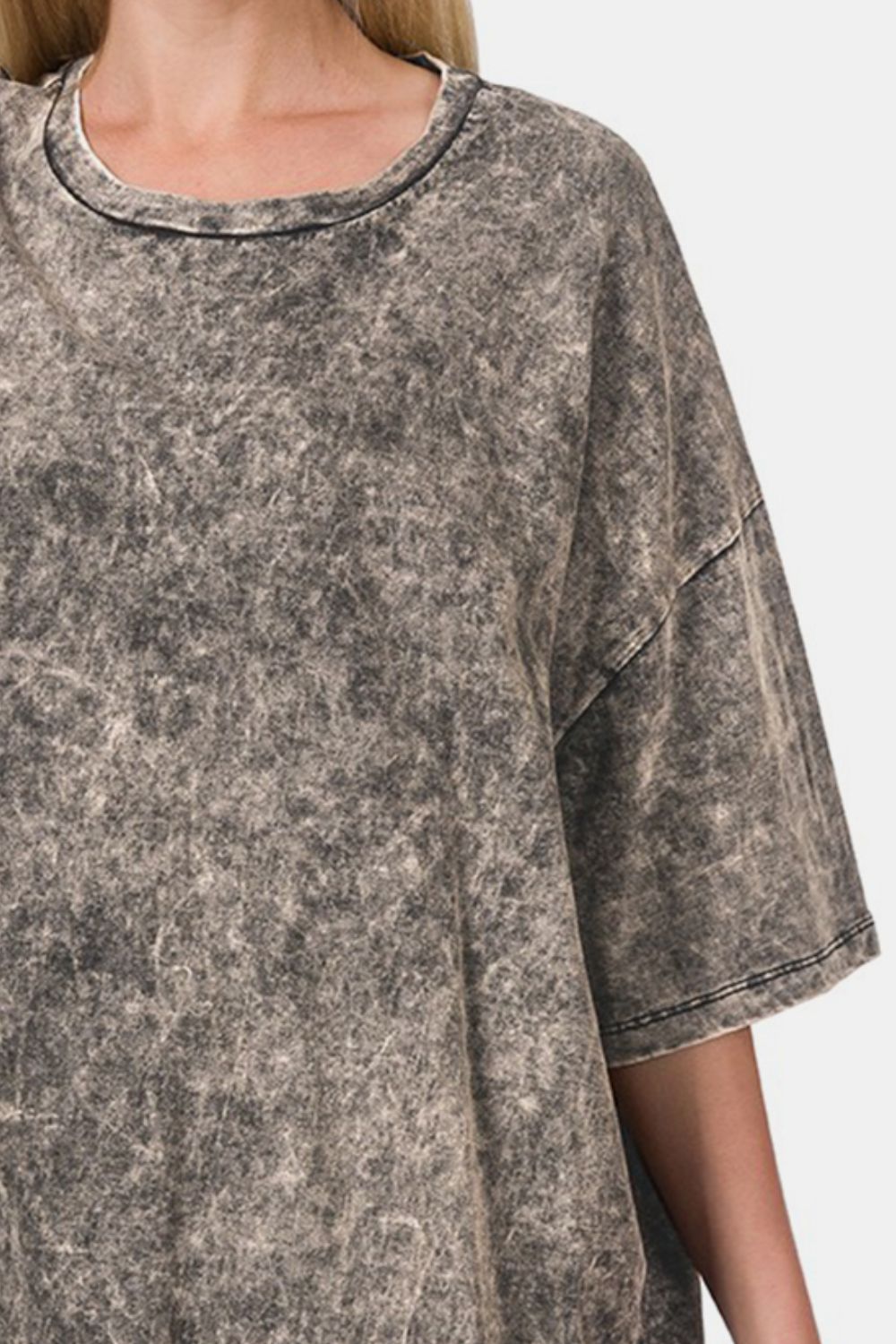 Zenana Ash Black Washed Round Neck Drop Shoulder Oversized T-Shirt Trendsi