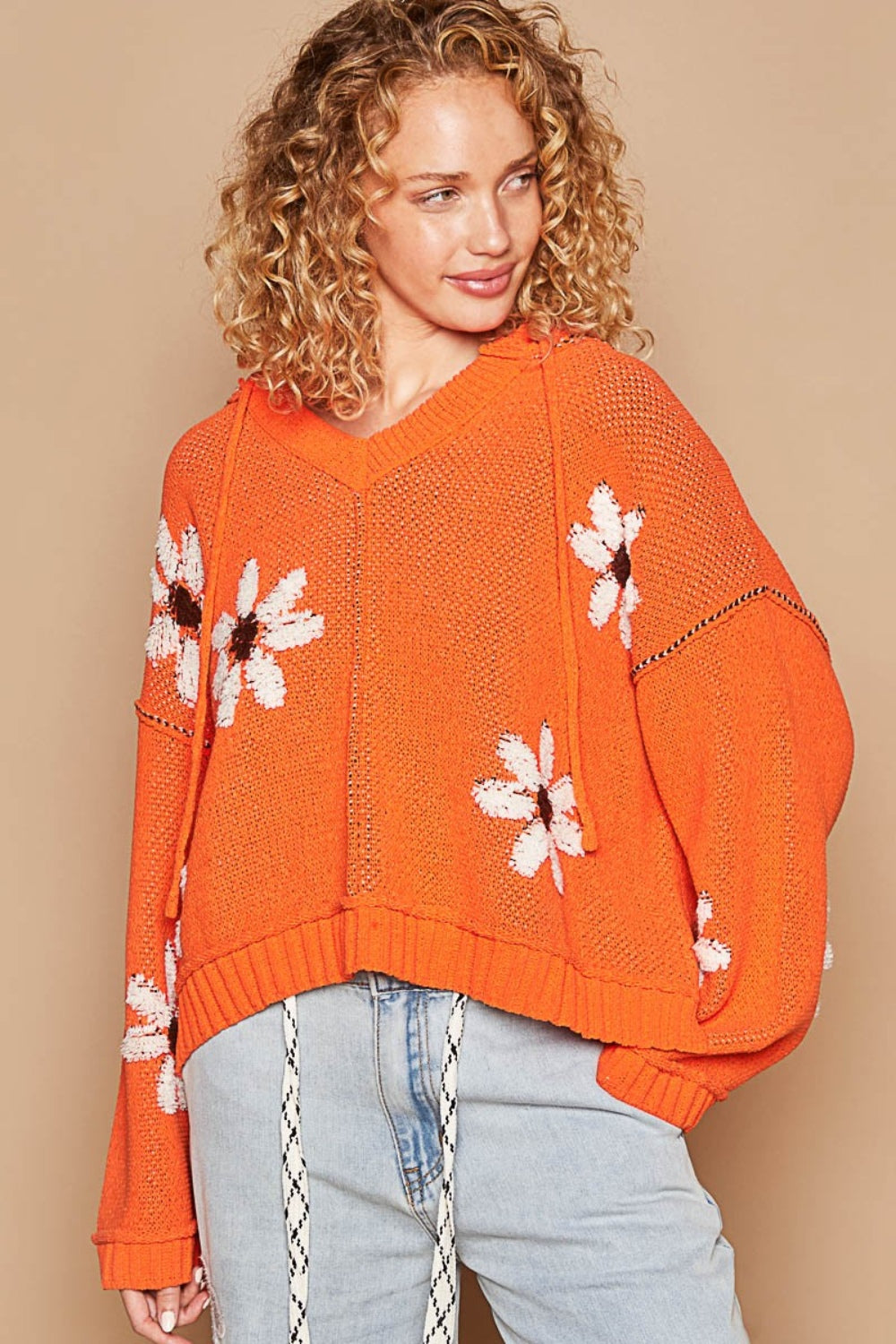 POL Orange Floral Pattern Hooded High-Low Sweater Orange Trendsi