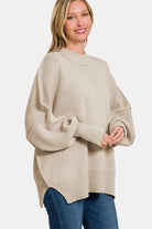 Zenana Heather Beige Side Sit Oversized Sweater Trendsi