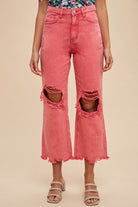 Annie Wear Bright Red Garment Dyed Distressed Raw Hem Jeans Strawberry