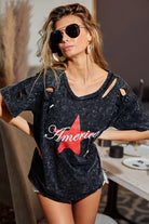 BiBi Laser Cut Mineral Washed Jersey Top with America in Black Charcoal