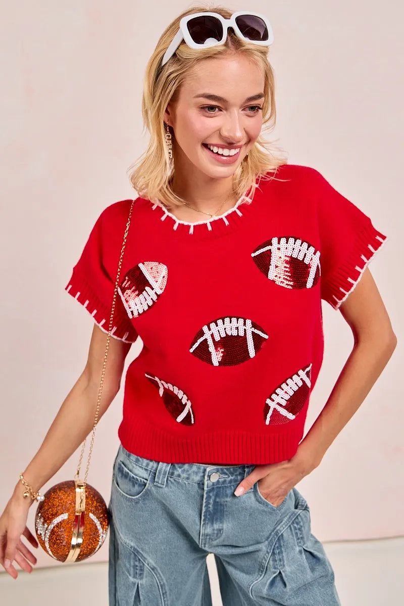 BiBi Red Game Day Sequin Football Embroidered Stitch Sweater