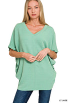 Zenana Light Jade Raised Rib V-Neck Batwing Top LT JADE