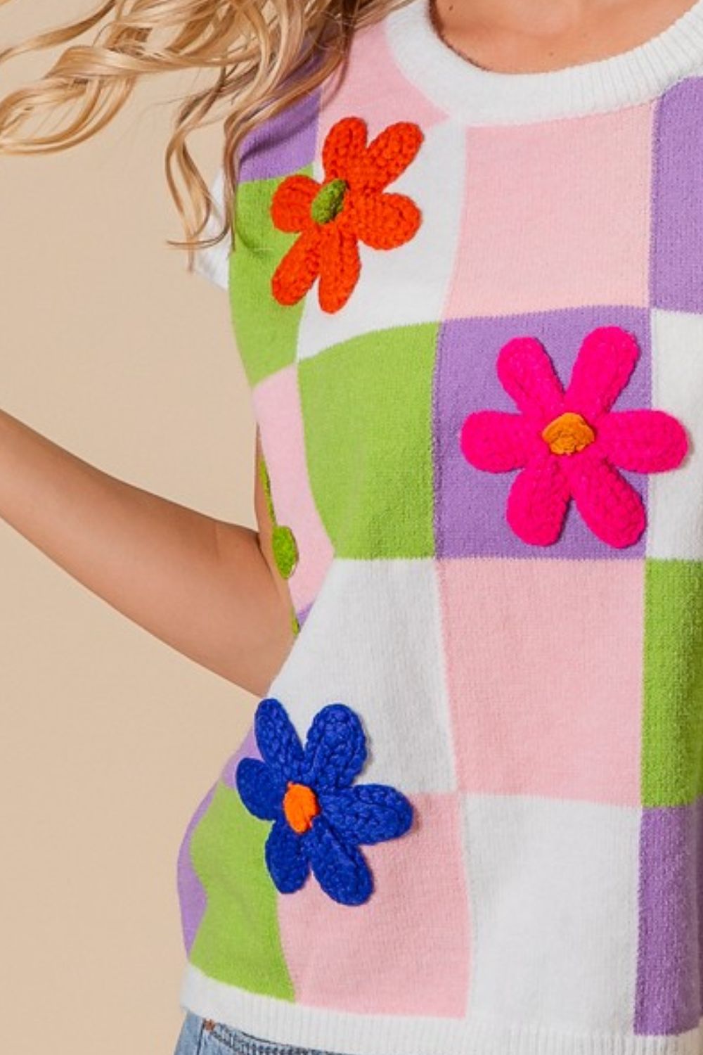 BiBi Lavender Flower Patch Checkered Sweater Vest Trendsi