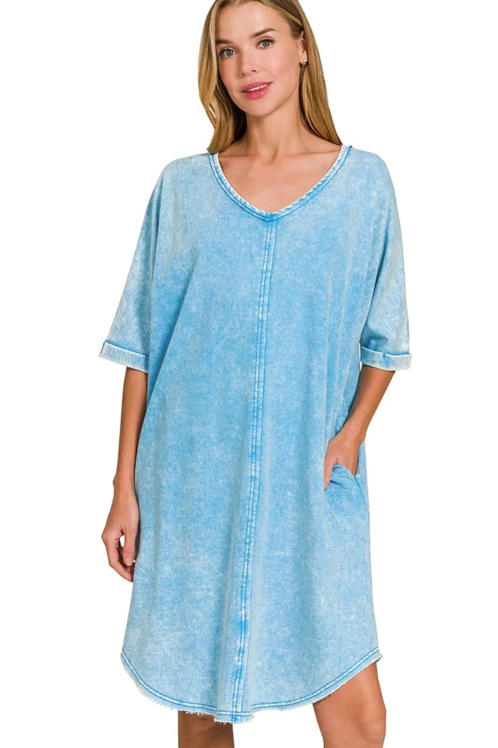 Zenana Deep Sky Acid-washed French Terry Tee Shirt Dress DEEP SKY