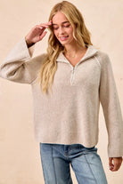 BiBi Taupe Two Tone Rib Texured Knit Collared Top with Zip Up