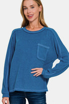 Zenana Royal Blue Contrast Stitching Brushed Ribbed Hacci Knit Top Royal Blue Shirts & Tops