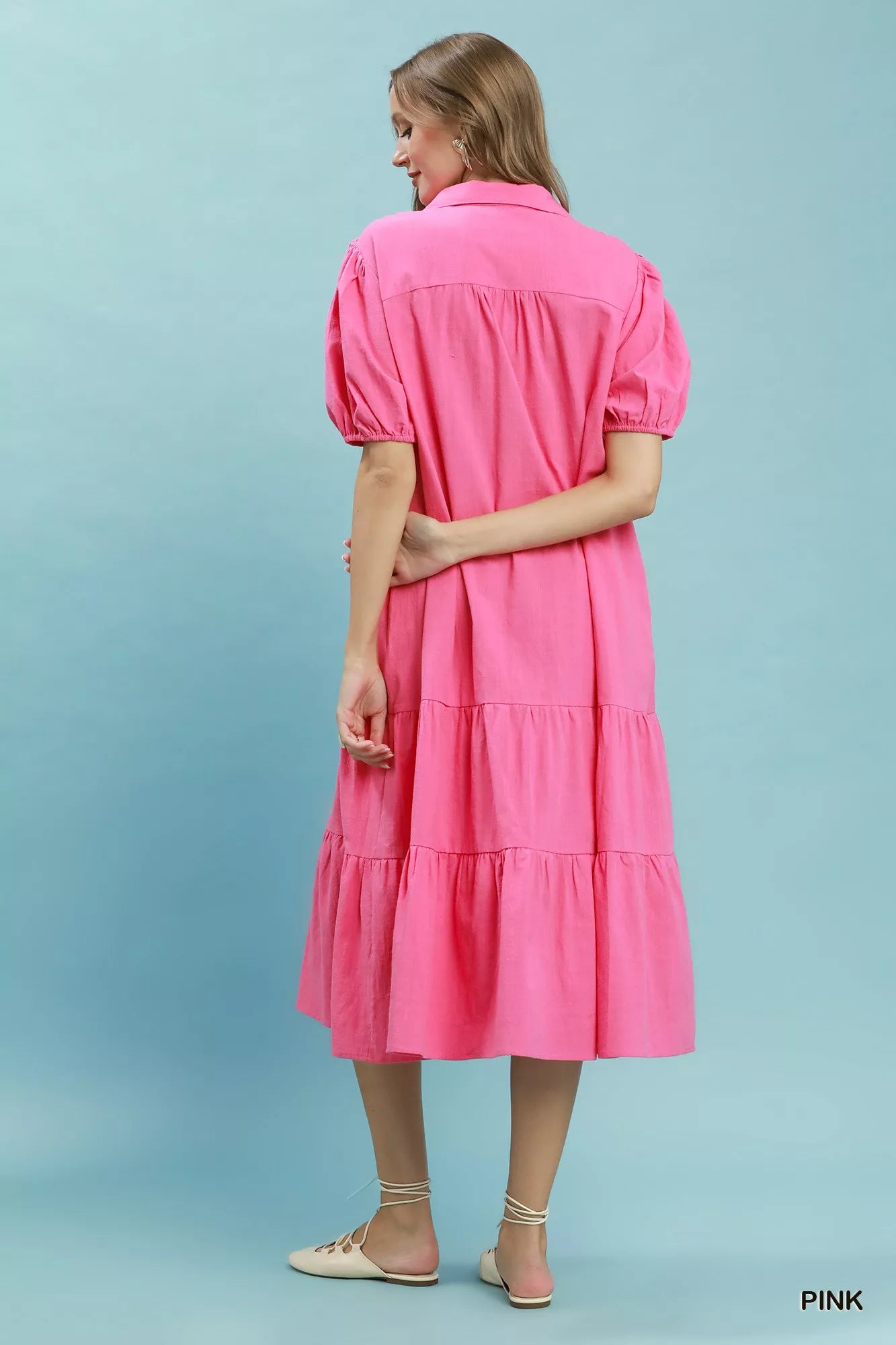 Umgee Pink Solid Tiered Midi Dress