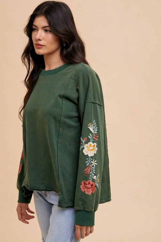 Annie Wear Black Forest Embroidered Long Sleeve French Terry Top