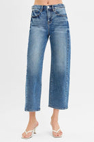 RISEN High Rise Crop Length Barrel Adjustable Waist Band Jeans DARK
