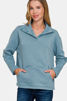 Zenana Air Force Blue Turtleneck Half Snap Fleece Sweatshirt Air Force Blue Shirts & Tops