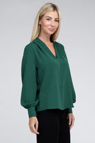 Zenana Woven Airflow V-Neck Long Sleeve Top Shirts & Tops