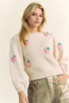 Davi & Dani Crochet Strawberry Round Neck Sweater in Beige Shirts & Tops