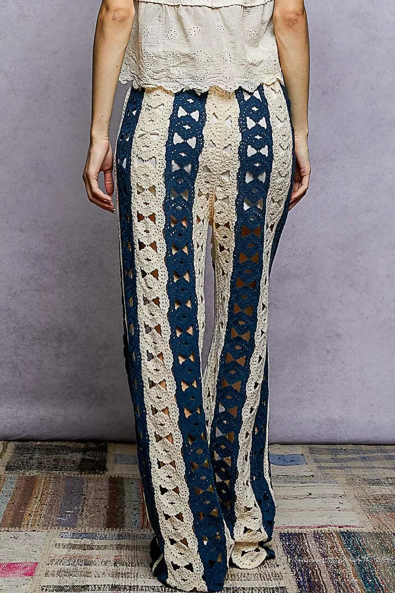 POL Natural & Navy Openwork Wide Leg Pants with Stripe Detail